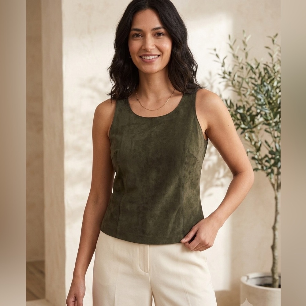 Tahari Genuine Suede Leather Sleeveless Fitted Shell Top Side Zipper Size Small